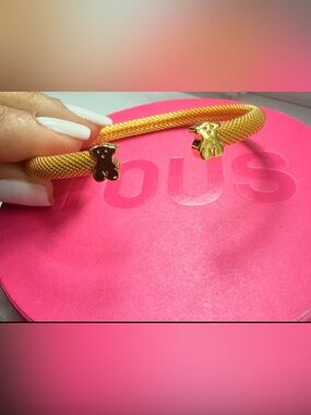Tous Gold Vermeil Mesh Cuff Bracelet with Gold Teddy Charms